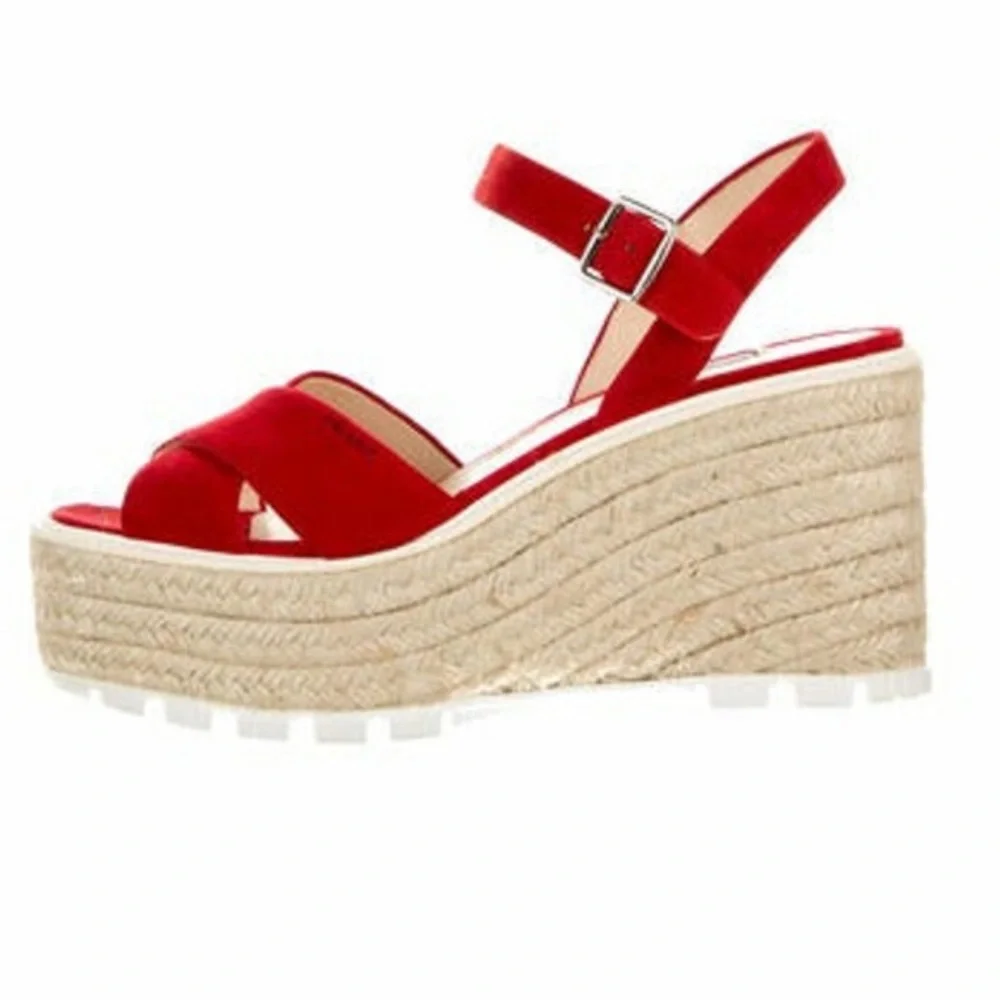 Prada Red Suede Espadrille Platform Sandals - Picture 1 of 11
